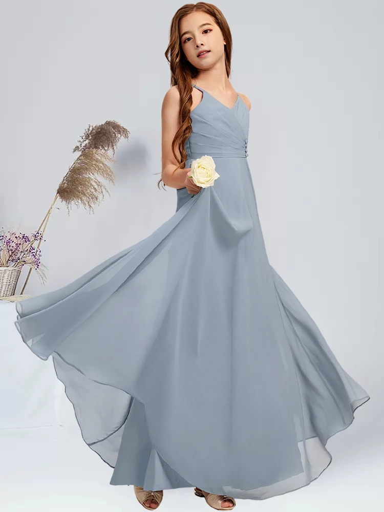 A-line V-Neck Floor-Length Chiffon Junior Bridesmaid Dress Dusty Blue Flower Girl Dress Summer Graduation Party Dress for Guest