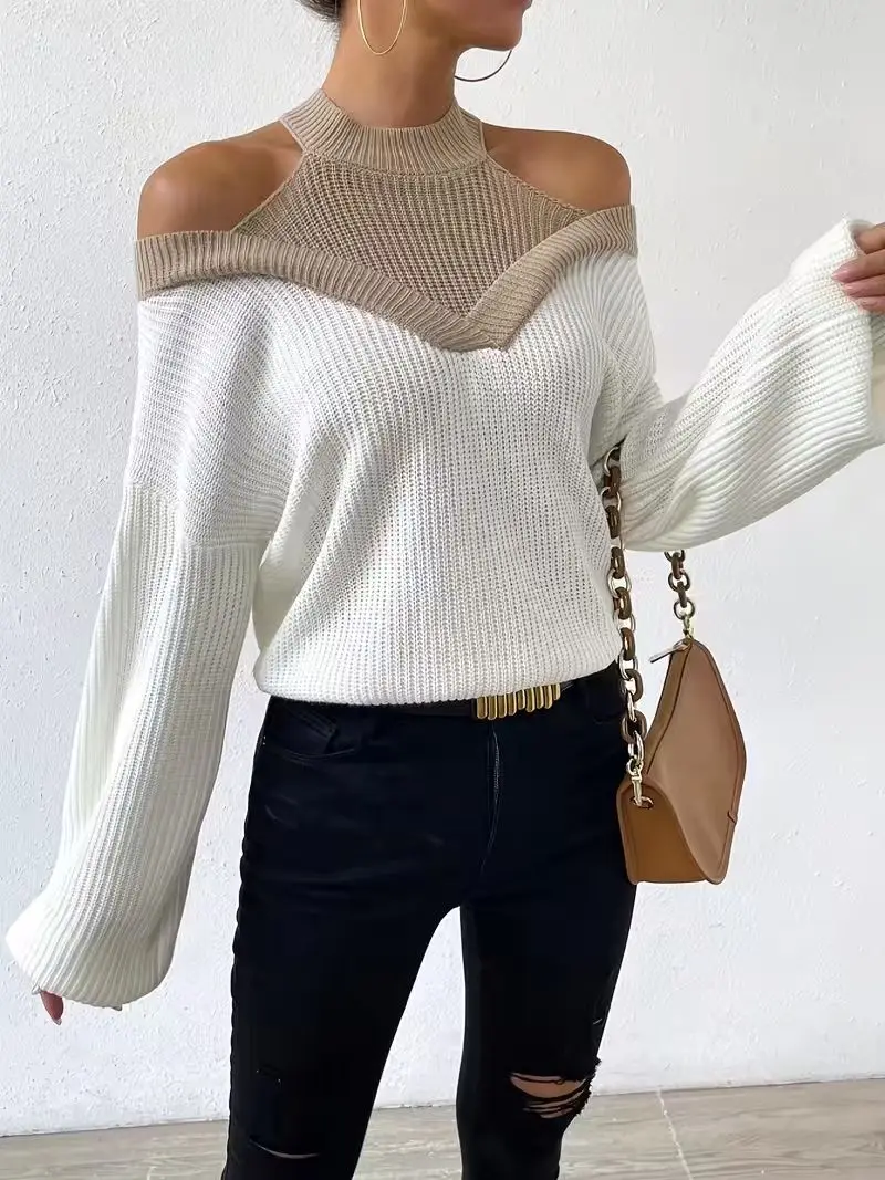 

Women's Color-Blocked Ribbed Off-the-Shoulder Long-Sleeve Top, Perfect for Spring, Summer, and Fall Outings