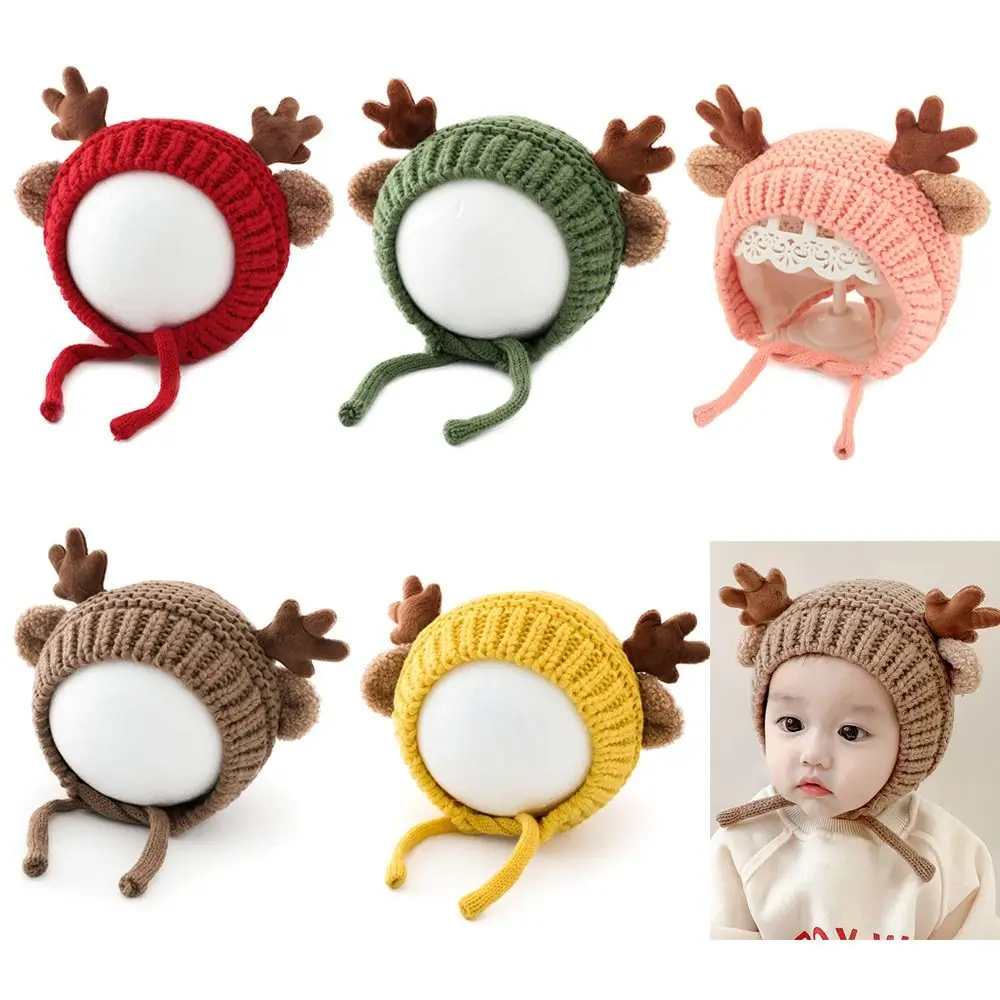 Cartoon Deer Elk Antlers Baby Knitted Hat Ear Warm Plush Children Beanie Cap 4-20 Months Soft Earflap Hat Autumn Winter