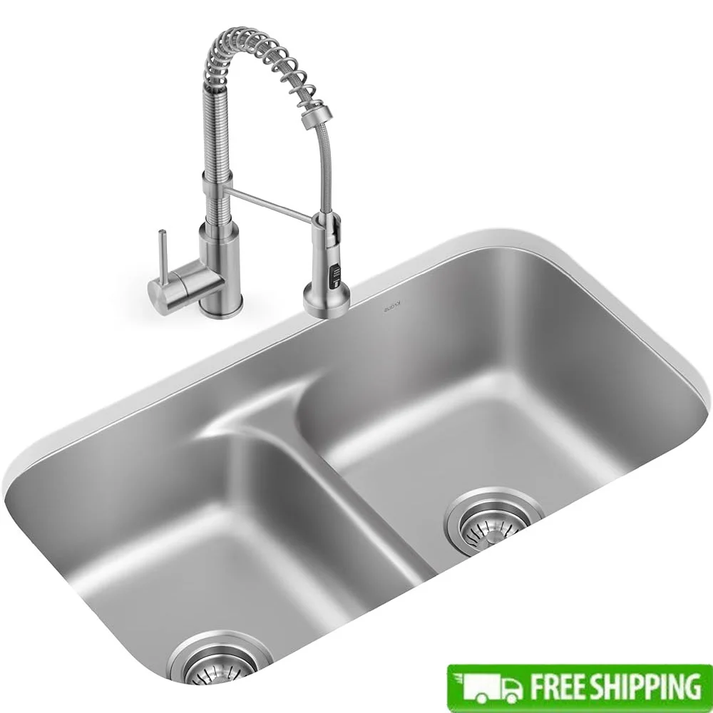 

32 in Undermount Double Bowl Stainless Steel Kitchen Sink with Commercial Pull Down Faucet Quiet Drain Assembly Grid and Easy