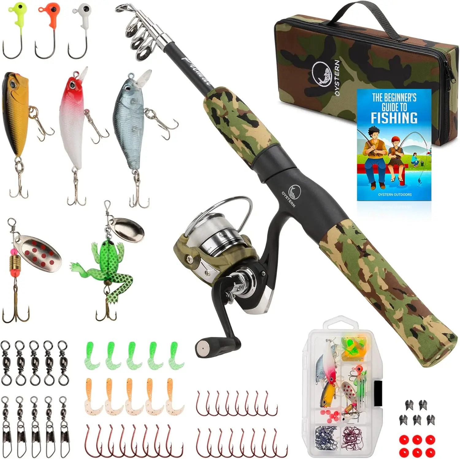 

Fishing Pole Kit with Spinning Reel, 62-Piece Tackle Bag, 4lb Line, Beginner's Guide eBook, Telescopic Portable Rod