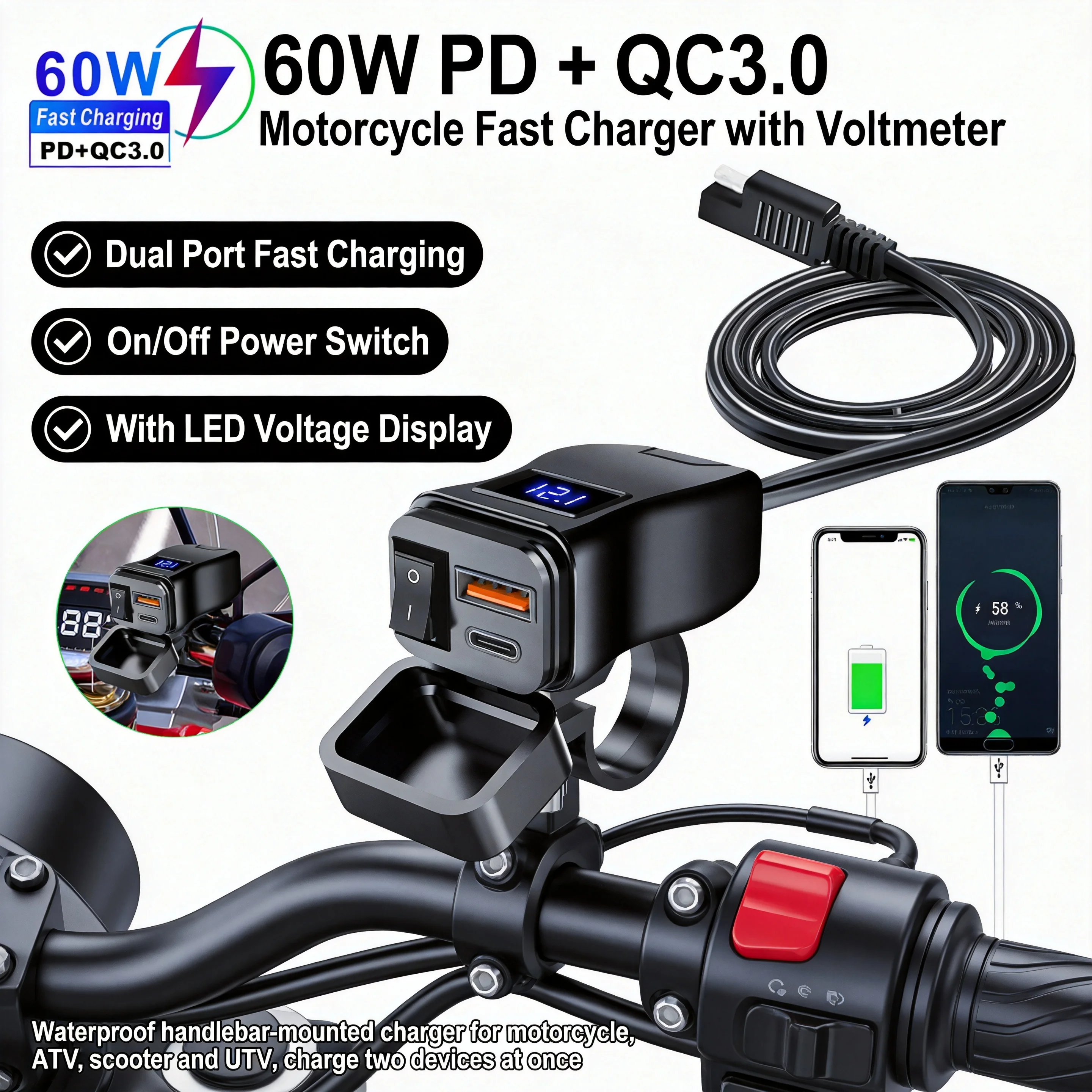 

PD QC3.0 Motorcycle USB Fast Charger 60W, Waterproof Handlebar Dual USB Socket with Voltmeter ON/OFF Switch, 12V Power Supply