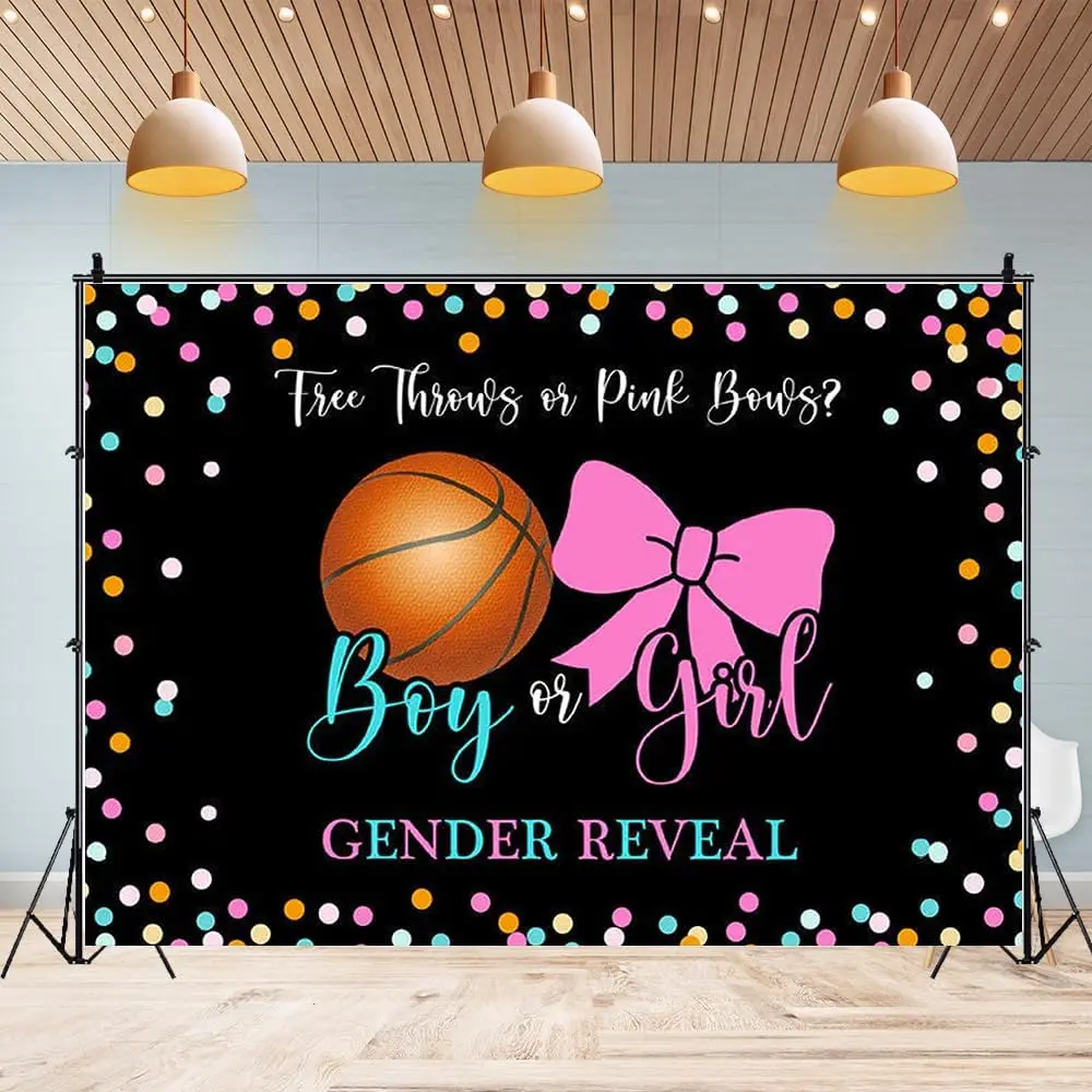 

Free Throws or Pink Bows He or She Gender Reveal birthday party Baby Shower photo background photography backdrop banner studio