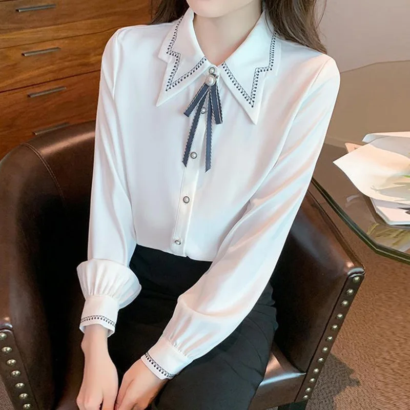 Fashion White Long Sleeve Button Blouse Spring New Solid All-match Loose Trend Shirt Tops Elegant Temperament Women Clothing