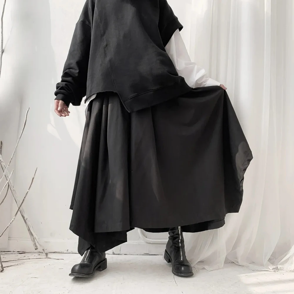Y2k Gothic Dark Skirt Pants Irregular Pleated Casual Hakama Genderless Japanese Streetwear Fashion Wide Leg Samurai Pants Unisex