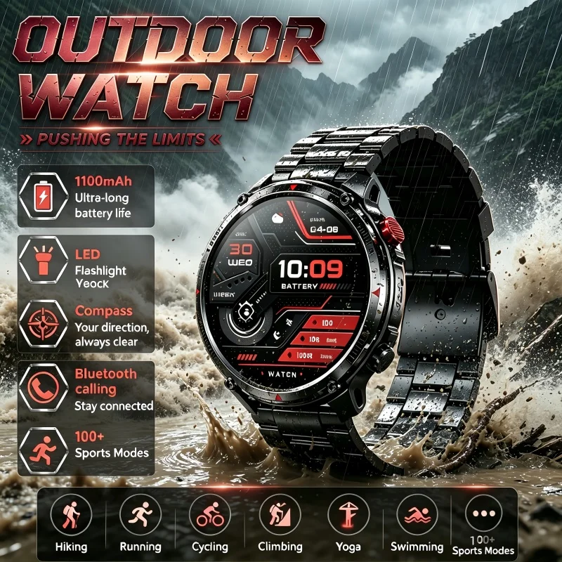 2026 New 1100mAh Sports Tracking Smart Watch for Men 1.7-inch AMOLED Screen IP68 Waterproof Health Monitoring with Flashlight