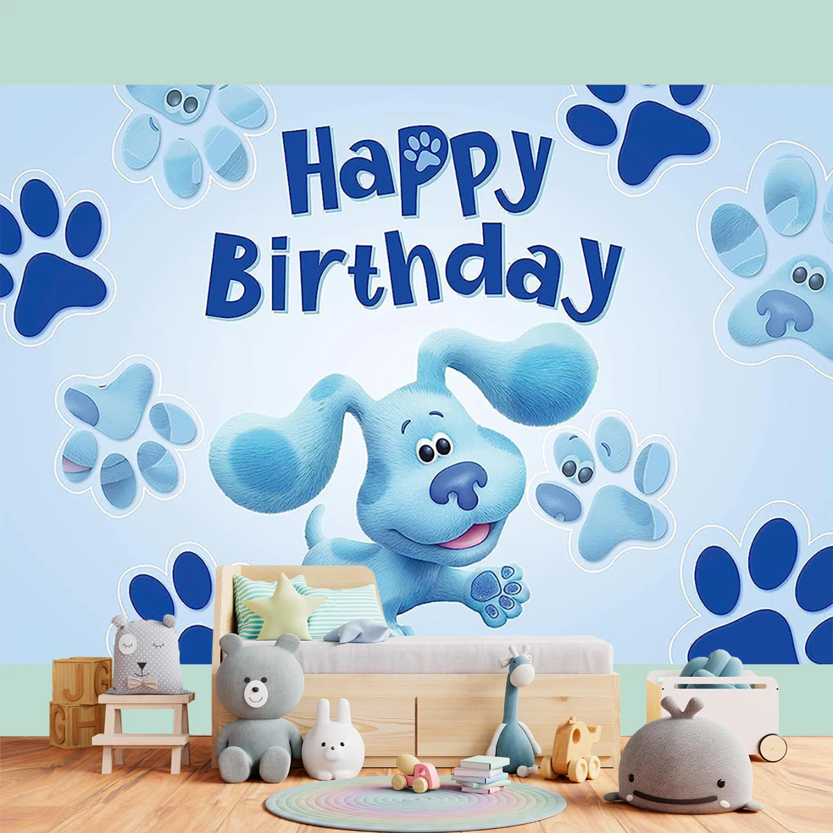 10x6ft Happy Birthday Blues Dog Backdrop for Boys Party Photography Background Baby Kids Bday Pet Paw Banner Decorations