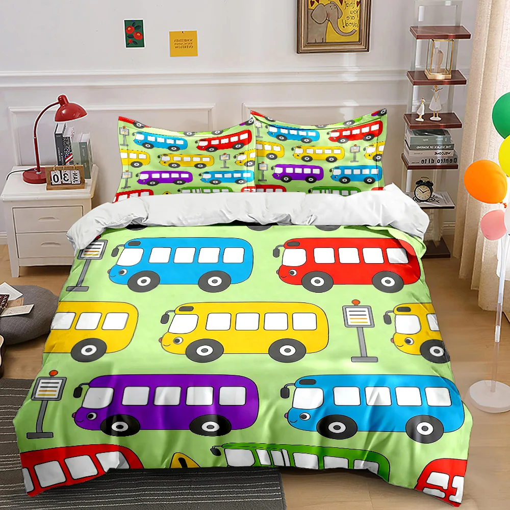Colorful cartoon buses with bus signs Print Bedding Set 1 Duvet Cover 2 Pillowcases for Adult and Children Luxury Gift Full Size