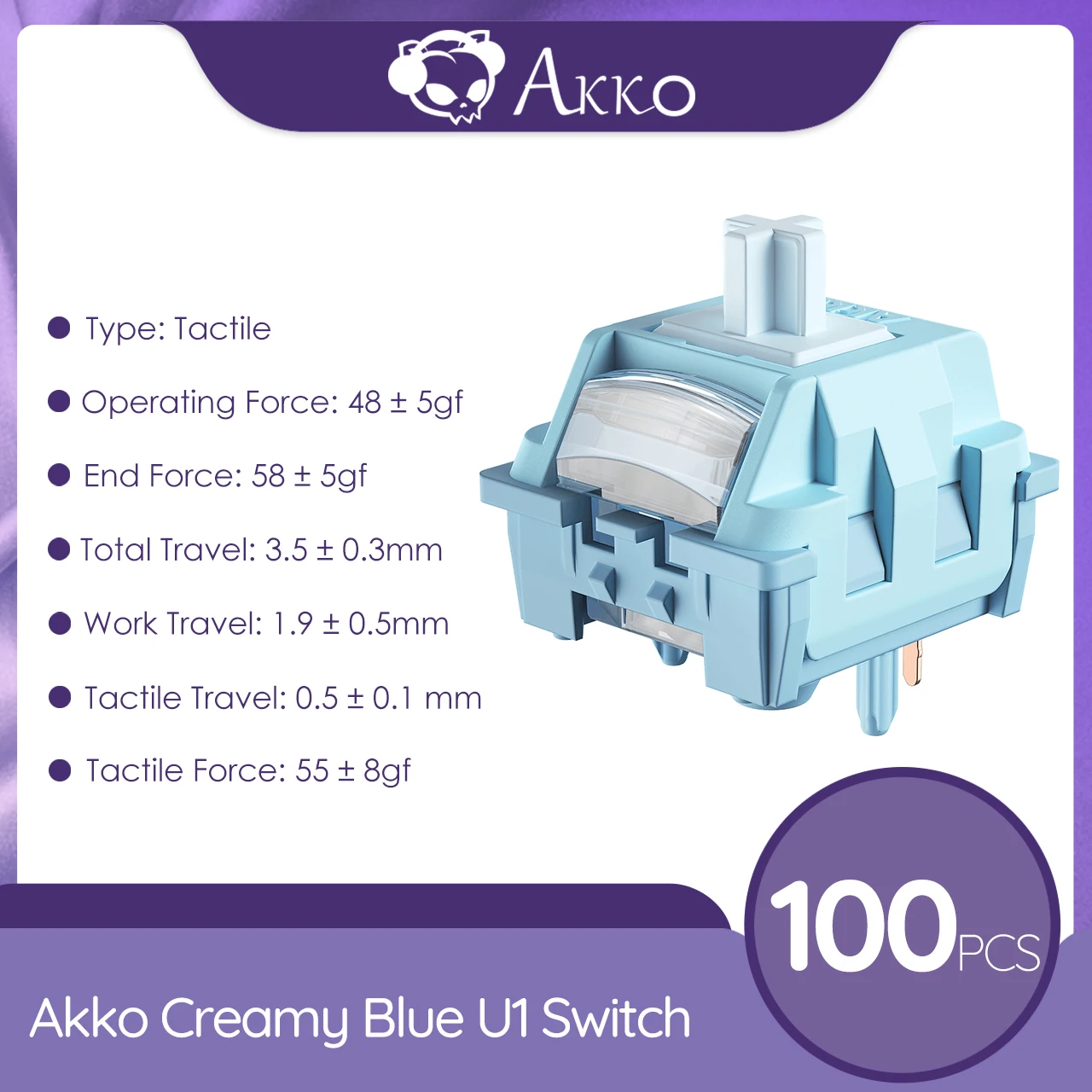 Akko U1 Creamy Blue Switch 48gf Tactile Light Fabrieksgeoliede 5-pins MX-schakelaars Hot Swap Mechanische toetsenbordaccessoires 100 stuks