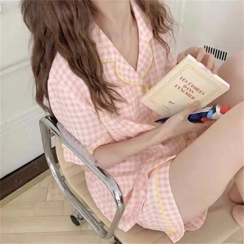 Pajamas Women's Fashion New Summer Loose Casual Cardigan Checked Shorts+Short Sleeve Pajamas Women's Home Suit Can Be Outworn