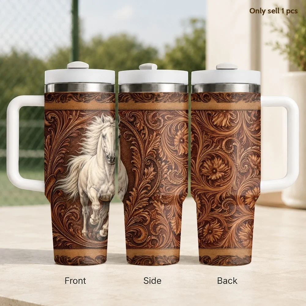 

Western Tooled Leather Horse Vacuum Flasks 40oz Stainless Steel Insulated Tumbler with Handle Straw Cup Daily Travel Mug
