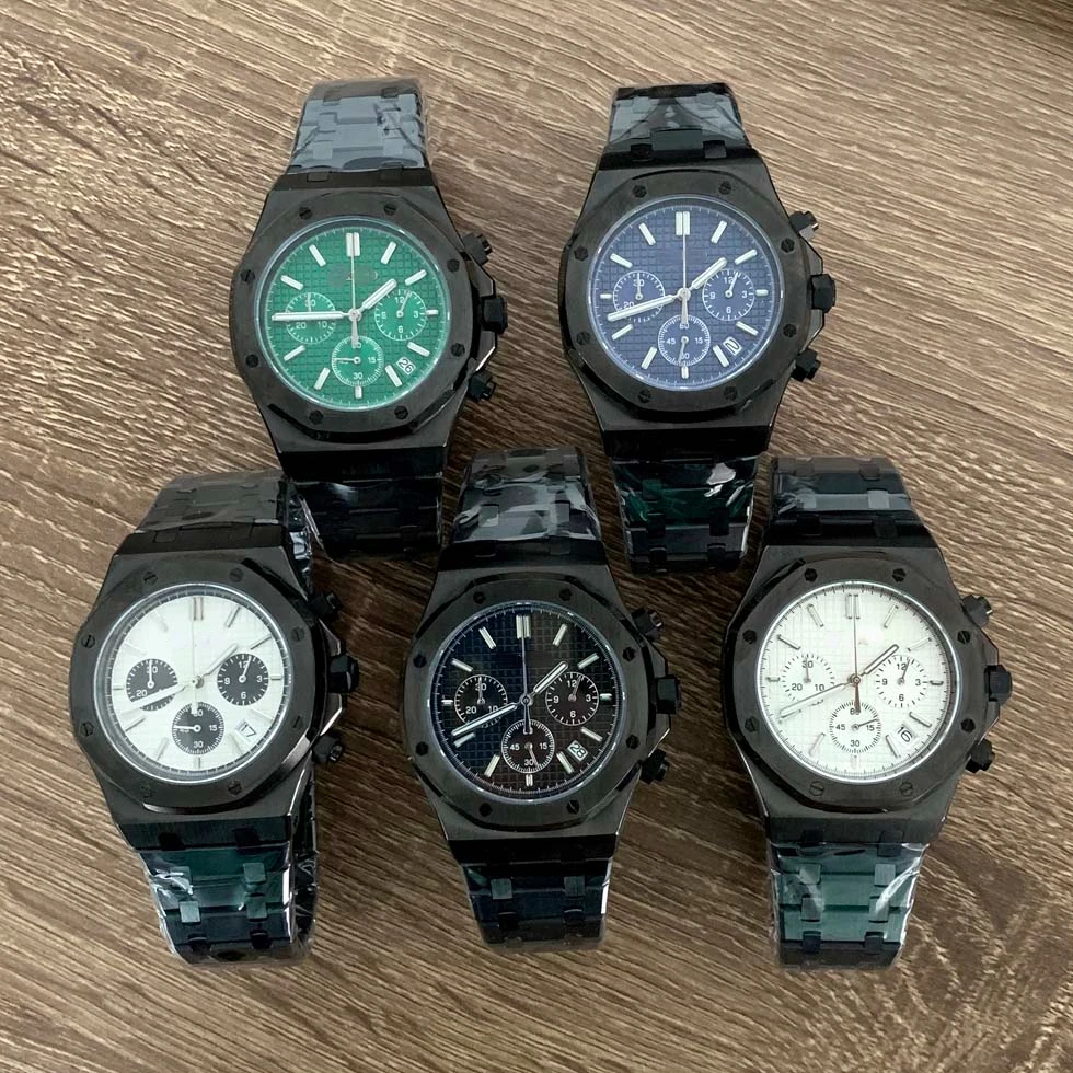 

Watch black case octagonal quartz men's chronograph 41mm stainless steel watch with Japanese vk63 movement and S logo