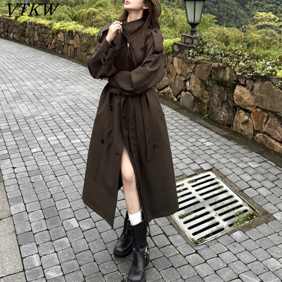 

VTKW Women's Double Breasted Belted Long Trench Coat Dark Brown Stand Collar Casual Elegant Vintage Autumn Winter New Arrival