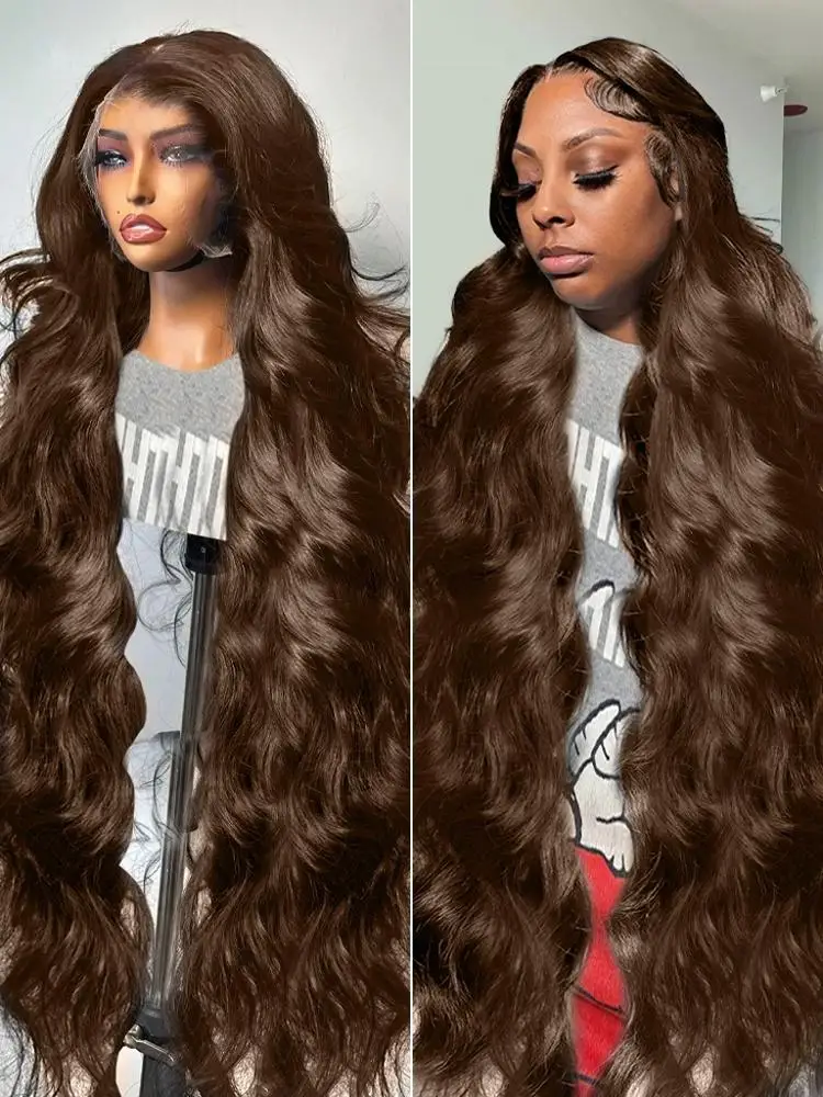 Xcurly Chocolate Brown Body Wave 13x6 HD Lace Frontal Human Hair Wigs Water Wave #2 Colored Wig 250 Density 40Inch