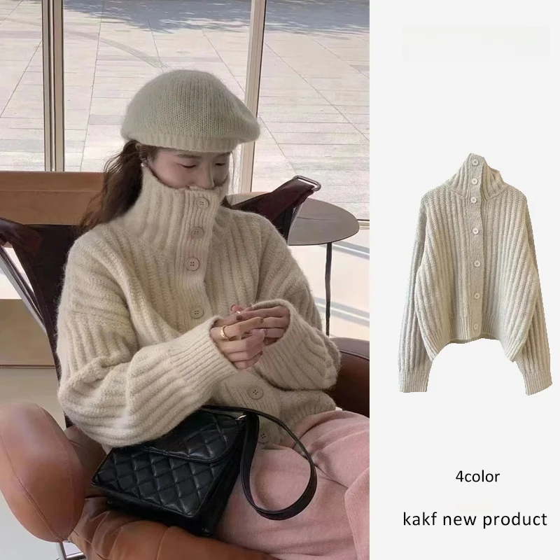 

Korean Chic High Collar Long Sve Thi Knit Open Cardigan Sweater Women's Autumn Winter New Sle Lazy Faion Knitted Coat