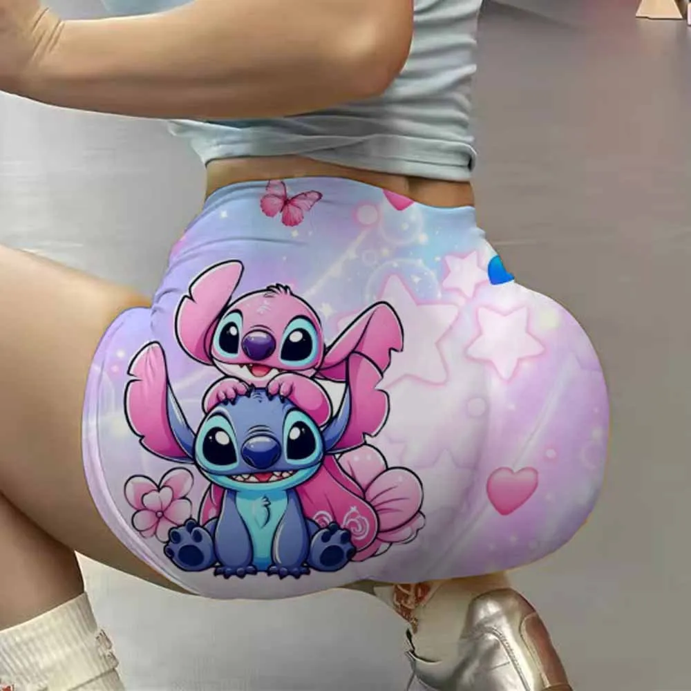 귀여운 릴로와 스티치 여성용 운동 반바지, 스크런치 힙업 하이웨이스트 짐 요가 심리스 부티 바이커 숏 팬츠