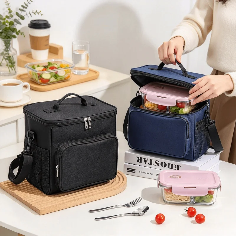 Portable Thermal Lunch Tote Bag, Large Reusable Insulated Food Bag with Adjustable Shoulder Strap for Work Picnic Travel
