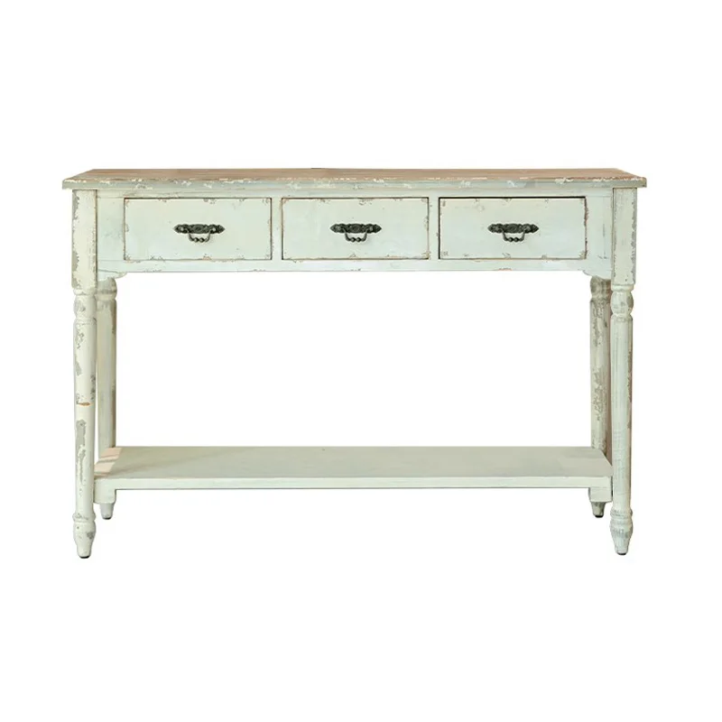 

Vintage Console Table, Distressed White Pine Wood, 3 Drawers with Antique Handles, Bottom Shelf, 117x40x76 cm