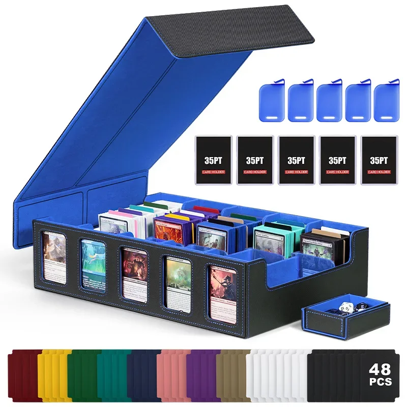 Leather Trading Card Storage Box for 3900+ Cards with Display Windows Ptcg Card Storage Box with 48PC Colorful Markable Dividers