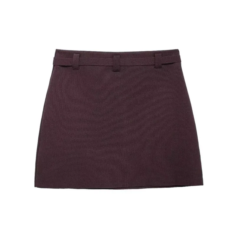 TRAF Belt Mini Skirt For Women Autumn Sexy Knit Streetwear Casual Elastic Rib Short Skirts Solid Color Female Skirt