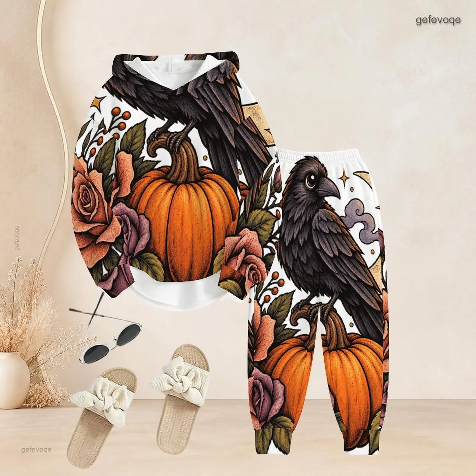 Highland Cow Witch Print Hooded Long Sleeve Top And Cuffed Pants Two Piece Set