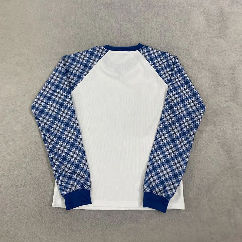 Retro-Kariertes Schulter-Waffel-Langarmshirt mit Rundhalsausschnitt, lässiger, lockerer, vielseitiger, trendiger Herrenpullover für den Herbst. – Detail 8
