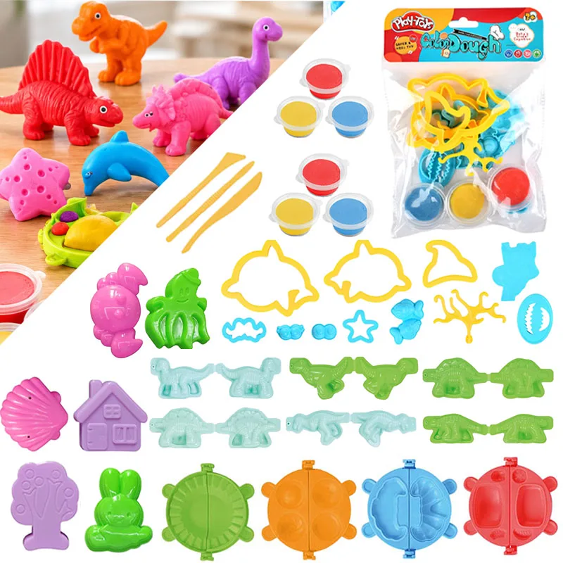 Kids Play Dough Set Color Clay with Various Cartoon Molds Cutters Rolling Pins Tools Kit Children Wheat-based Craft Dough Series