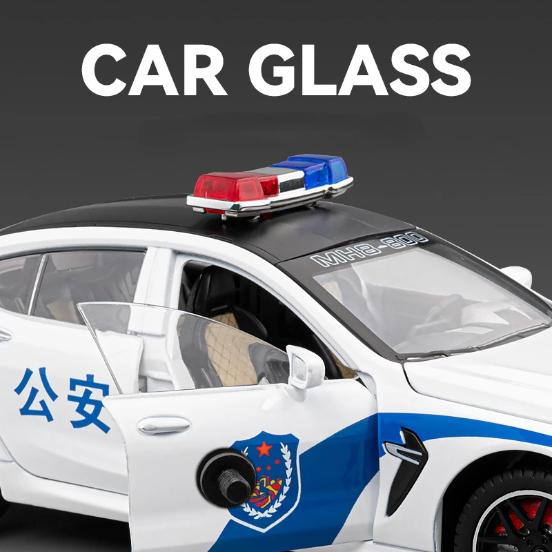 1:24 BMW M8 police car Alloy Car Diecast Metal Model Sound & Light Pull Back Toy Computer Desktop Ornaments Display Gift C381