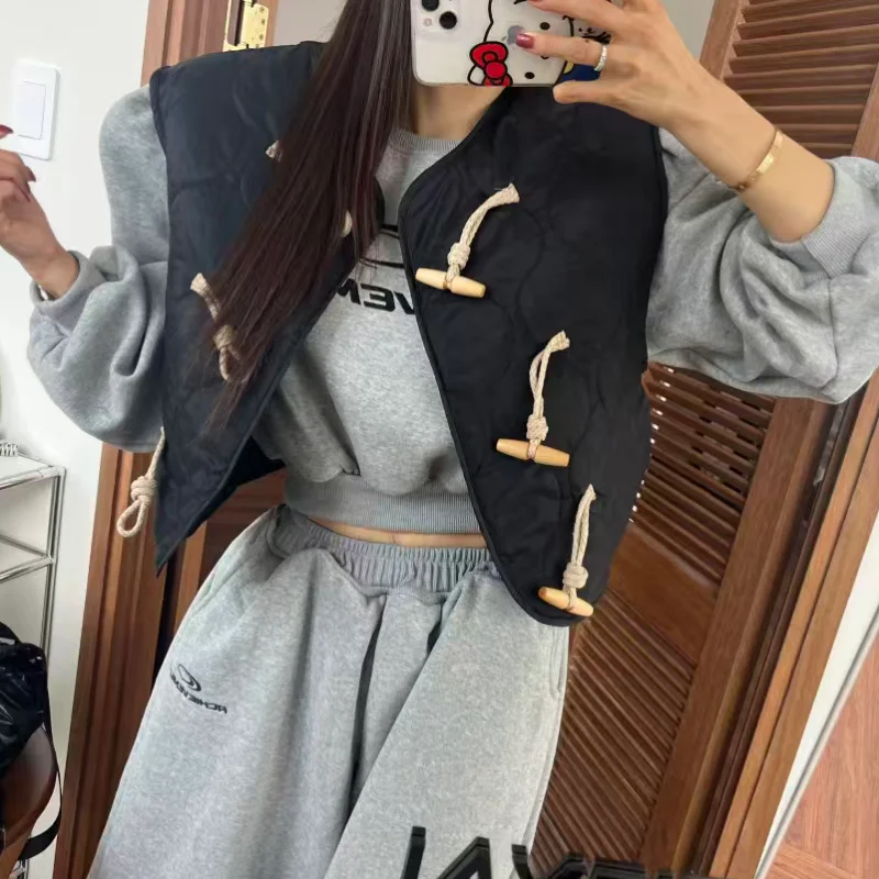 

Women's Loose Diamond Patterned Vest Jaet Autumn Winter Korean Sle Chic Versatile Small Size Button up Cotton Top