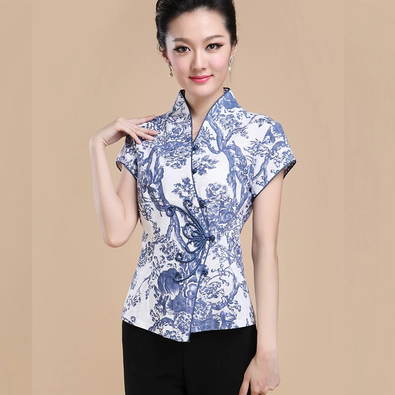 Cheongsam-Tops de cuello alto para mujer, camisas de estilo chino tradicional, Hanfu, Qipao, estampado Vintage, abrigo Tang con botones, talla grande 5XL