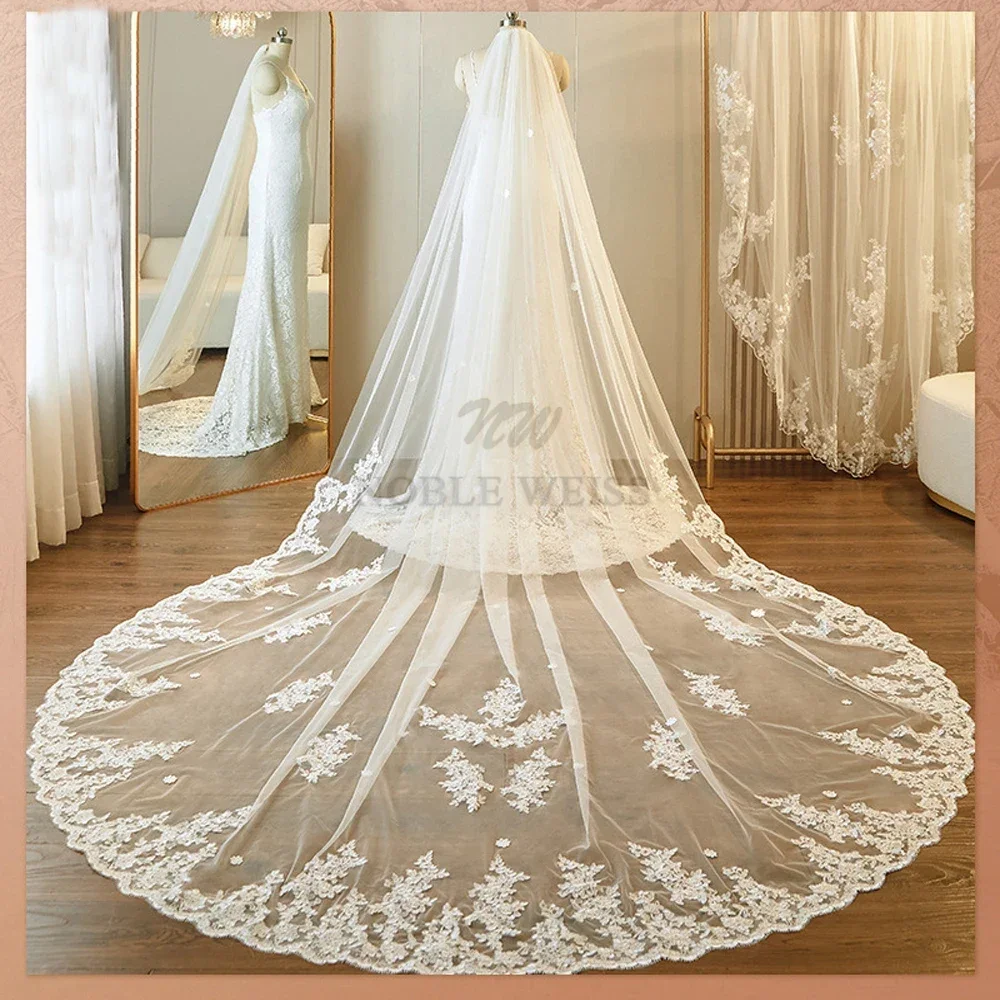 350cm Length Lace Wedding Veil 300cm Width 1T Bridal Veil 3D Flowers Appliques Bride Veil Party Veils Customized