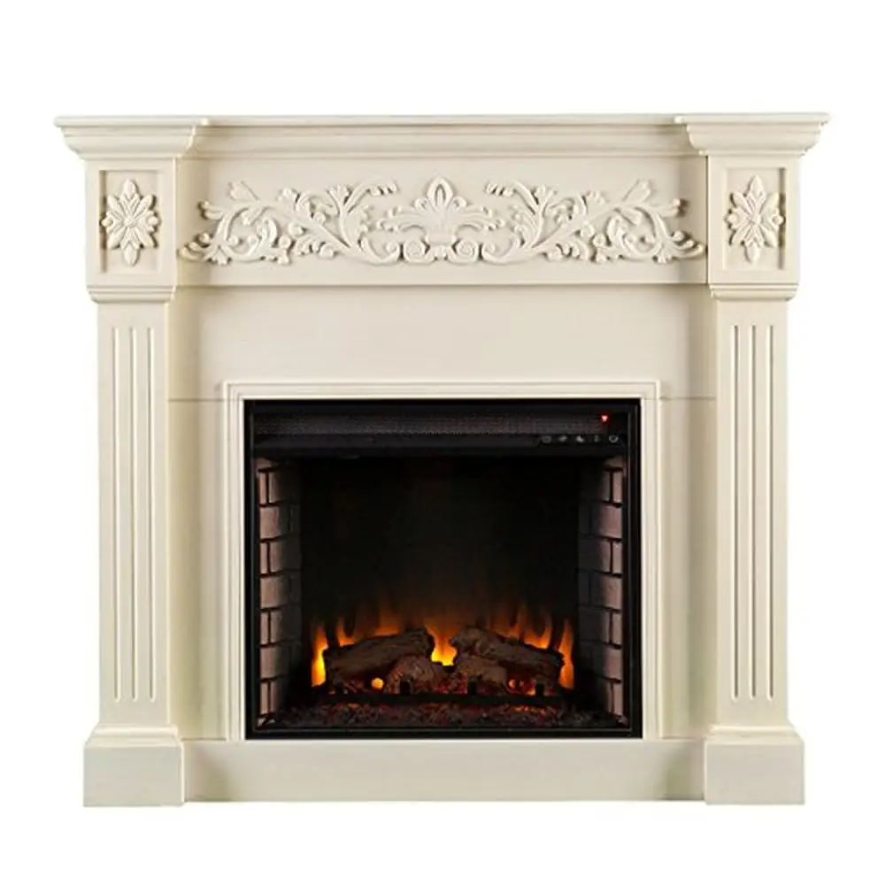 Traditional Ivory Electric Fireplace with Carved Floral Trim Remote Control Energy Efficient Safe 44.5