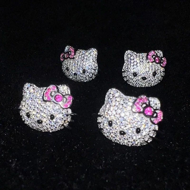 Cute Original Hello Kitty Y2k Earrings Anime Kawaii 925 Silver Full Diamond Original Fashion Couple Jewelry Ear Studs Girl Gifts