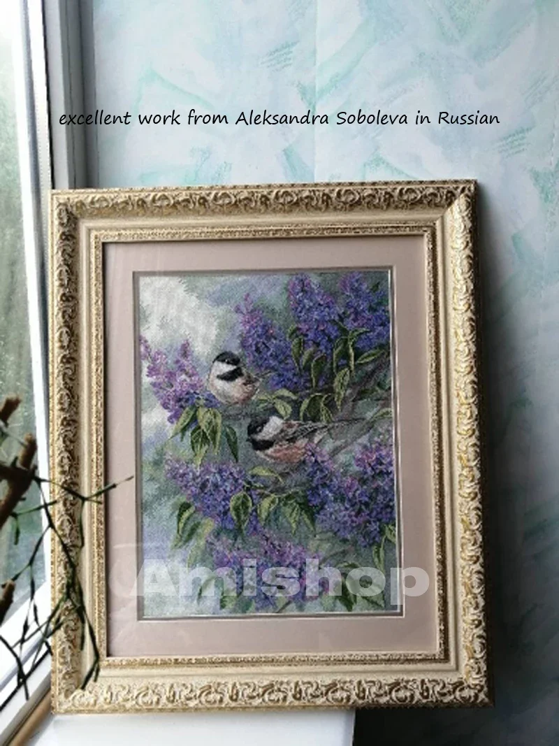 Amishop Top Quality Lovely Cute Counted Cross Stitch Kit Chickadees And Lilac Purple Flower And Bird Dim 35258