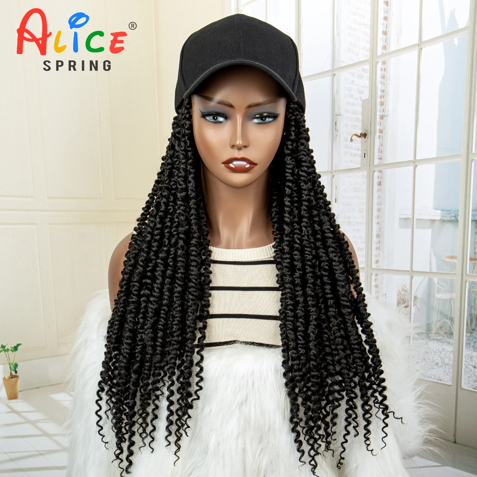 

20 Inches Black Baseball Hat with Synthetic Braided Hair Extensions Connect Adjustable Braided Hat Wig with Brown Braiding Hair