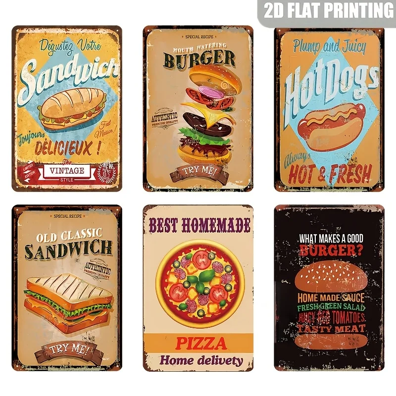 2D Flat, 6pcs Vintage Burger, Sandwich, and Hot Dog Metal Iron Sign Hanging Set, Suitable for Vintage Wall Decor in Restaurants,