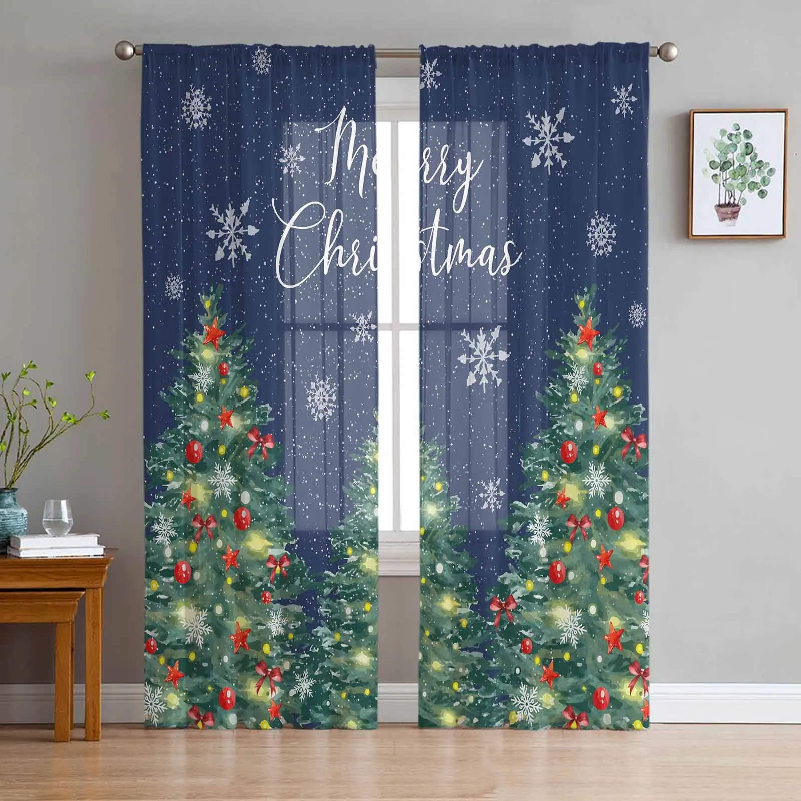 Christmas Tree Text Snowflake  The Sea Sheer Curtains for Living Room Bedroom Home Hotel Coffee Decor Chiffon Tulle Curtains