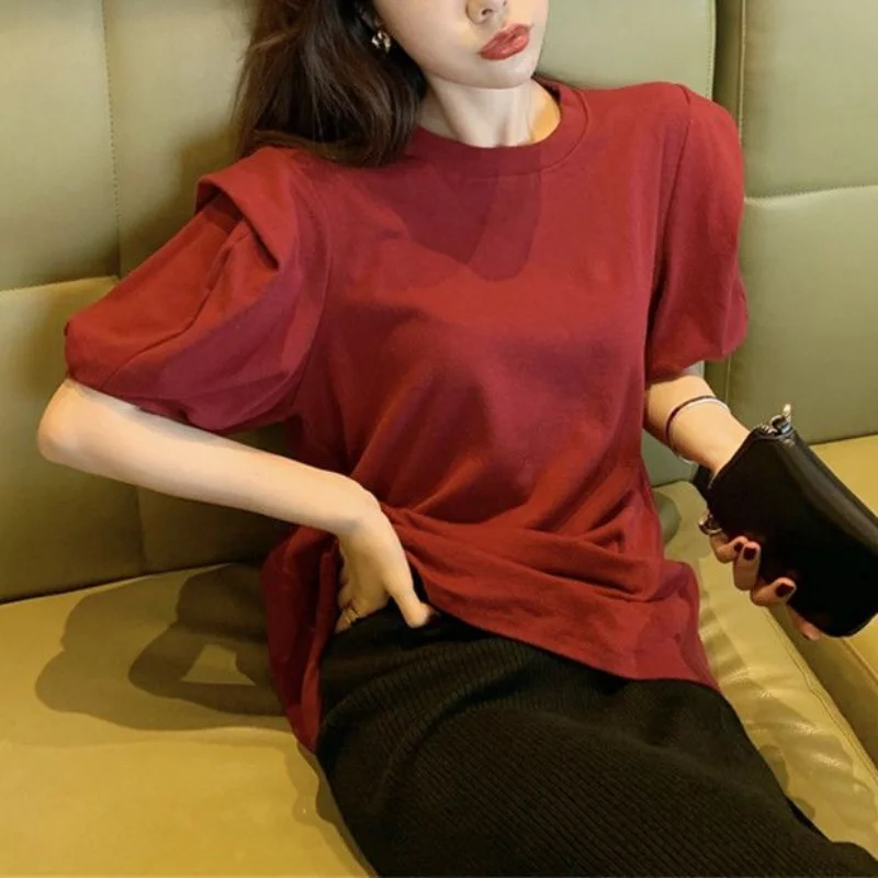 New All-Match Puff Short Sleeve Tees T-Shirts Women Summer 2023 Solid O Neck Pullover Harajuku Loose Casual Ladies Top Femme