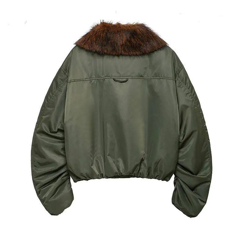 NLZGMSJ Chic Women Bomber Jackets Solid Fur Collar Long Sleeve Zipper Pockets Loose Thick Coats New Fashion 2026 Autumn Outwear