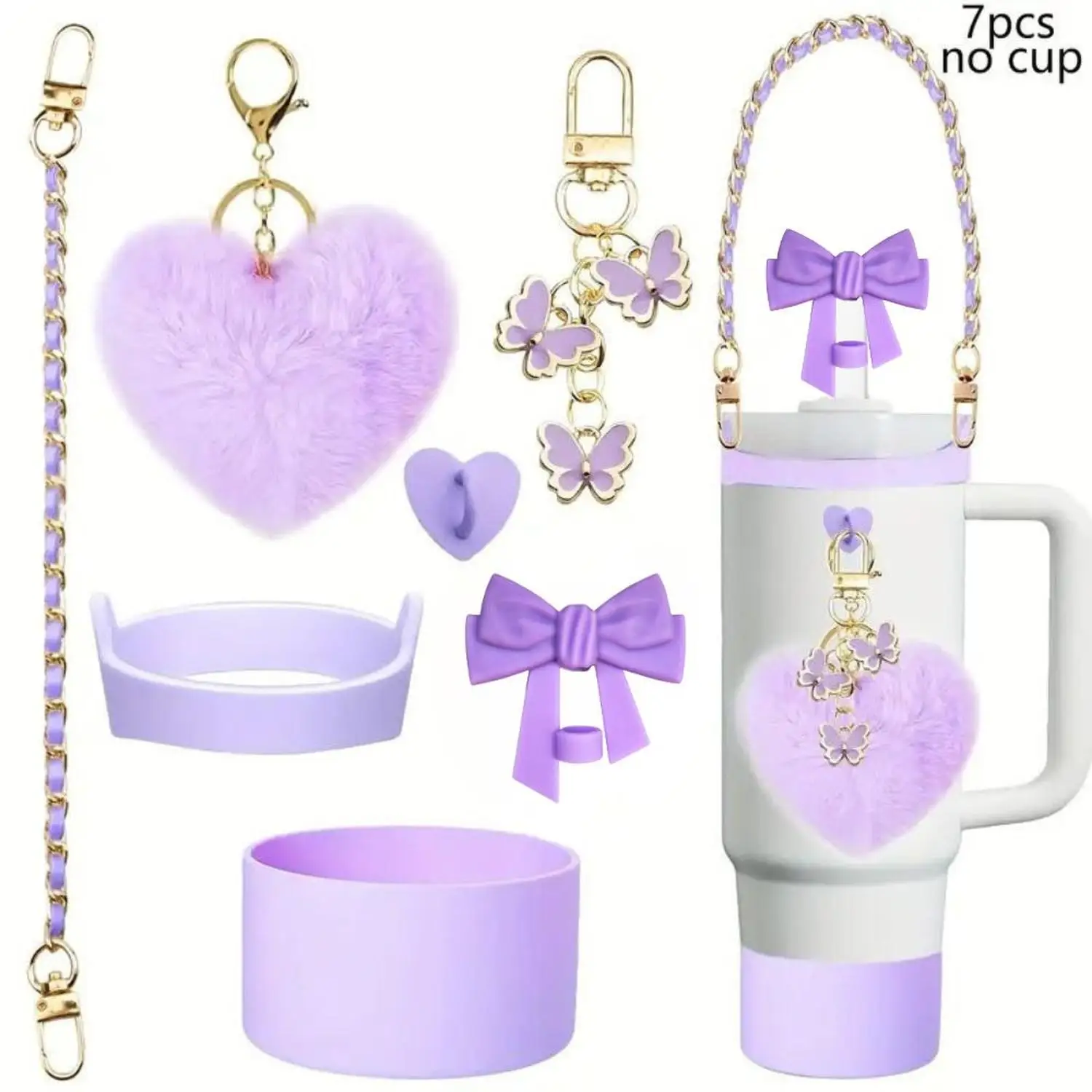 Heart Plush Keychain with Butterfly Pendant Daisy Woven Strap Combination Set Cute Soft Key Ring Accessories for Women