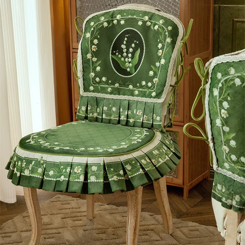 Lily of the Valley Dining Chair Cushion Pastoral Chair Cover Home Decor Green Short Plush Thickened Seat Cushion Back Towel