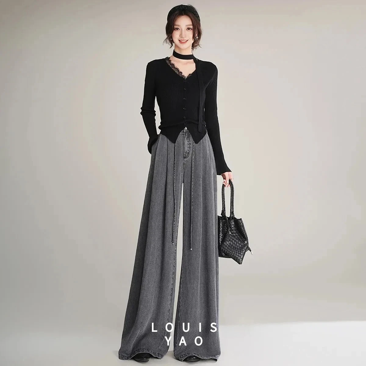 

Брюки LOUISYAO с высокой талией и широкими штанинами, осень 2025, женские, из лиоцелла и денима, с эластичным поясом, повседневные, длинные