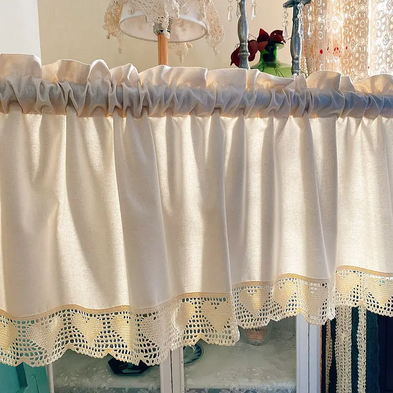 Heart-Shaped Lace Splicing Curtains for Living Room, Cotton Canvas, Cabinet Curtain,Home Decor, Cafe Curtains, 1Pc, 2024