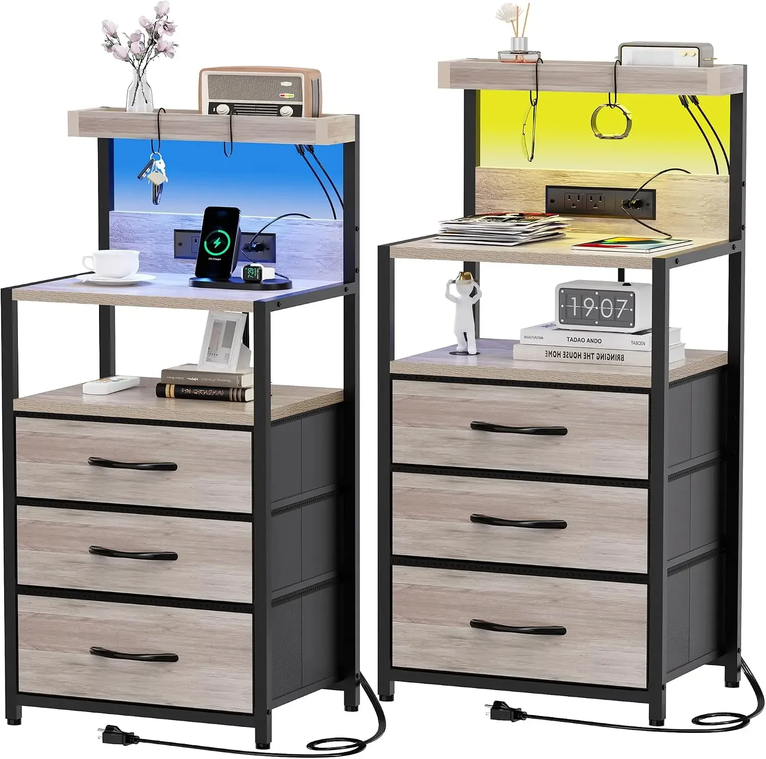 Nightstand Set of 2, with Charging Station, 3 Fabric Drawers | Large Night Stand with LED Lights, 39-Inch Tall Bed Side Tables w