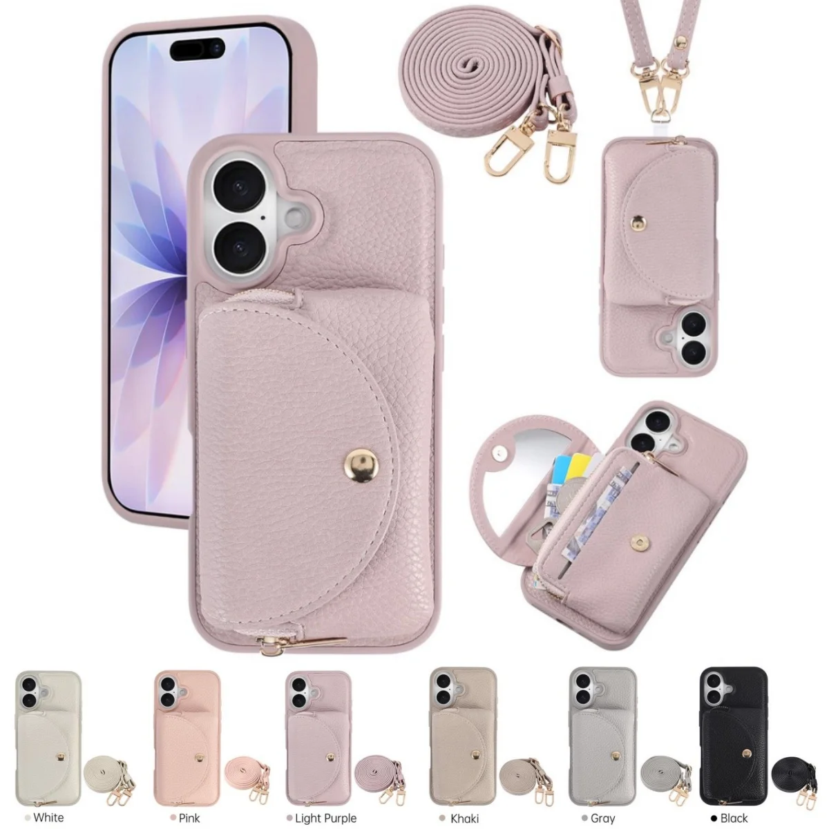 

Leather Lychee Grain Round Flip Simple Wallet For iPhone 13/14/15/16/17 Pro Max 16 15 14 Plus Pro Pocket Magnetic Buckle Cover