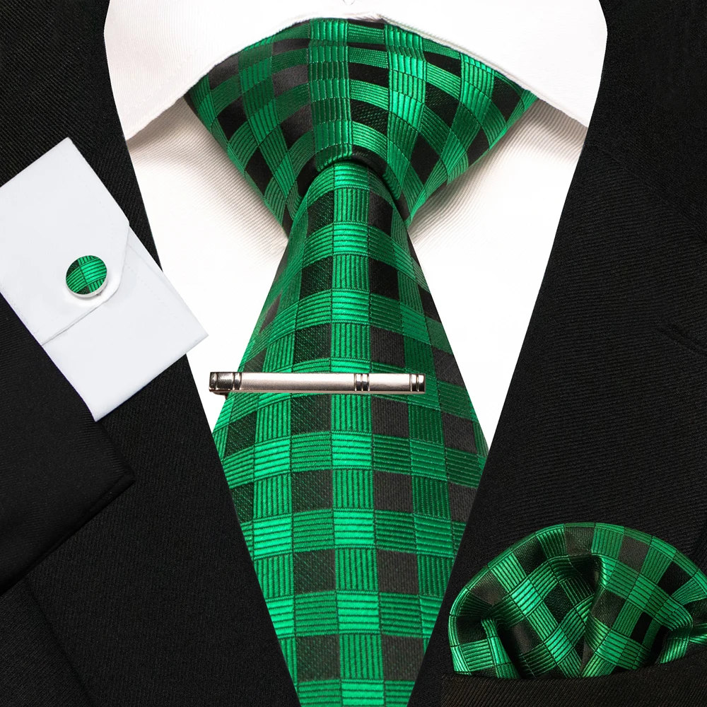 8cm Seidenkrawatten für Herren, grün-schwarze Krawatten, kariert, gestreift, Krawatten-Set mit Einstecktuch, Manschettenknöpfen und Krawattenklammern, für Hochzeit, Business, Party. – Detail 12