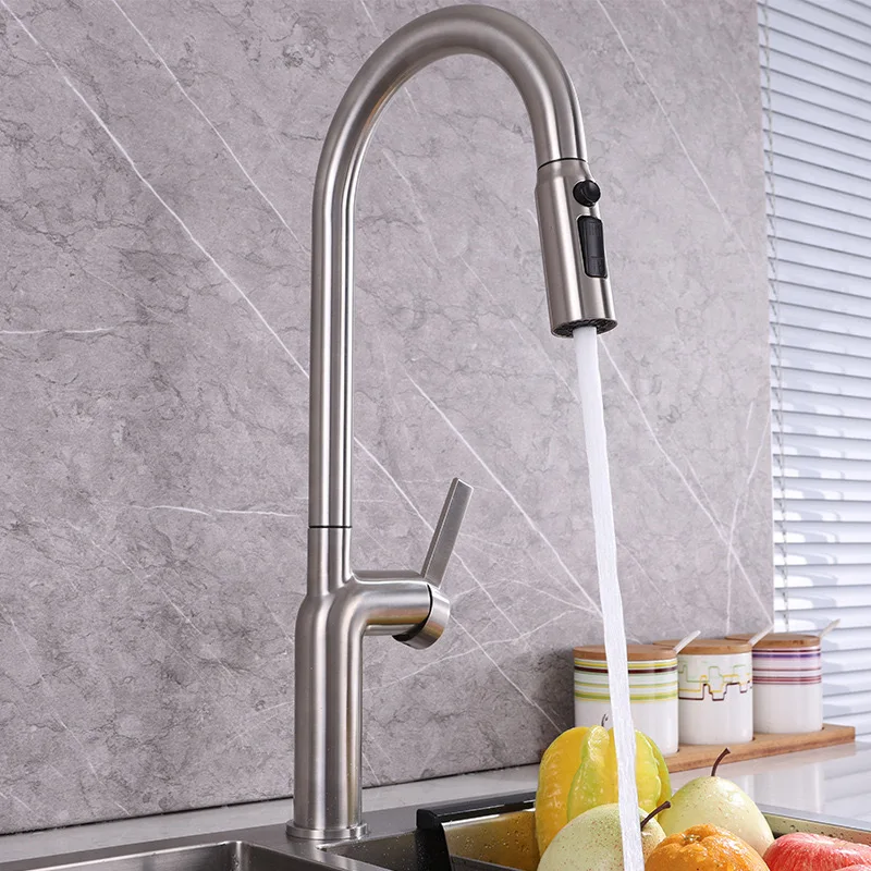 

Brushed Nickel 304 Stainless Steel Kitchen Sink Faucet Pull-out Single-handle Rotatable Cold And Hot Mixed Water Sink Faucet