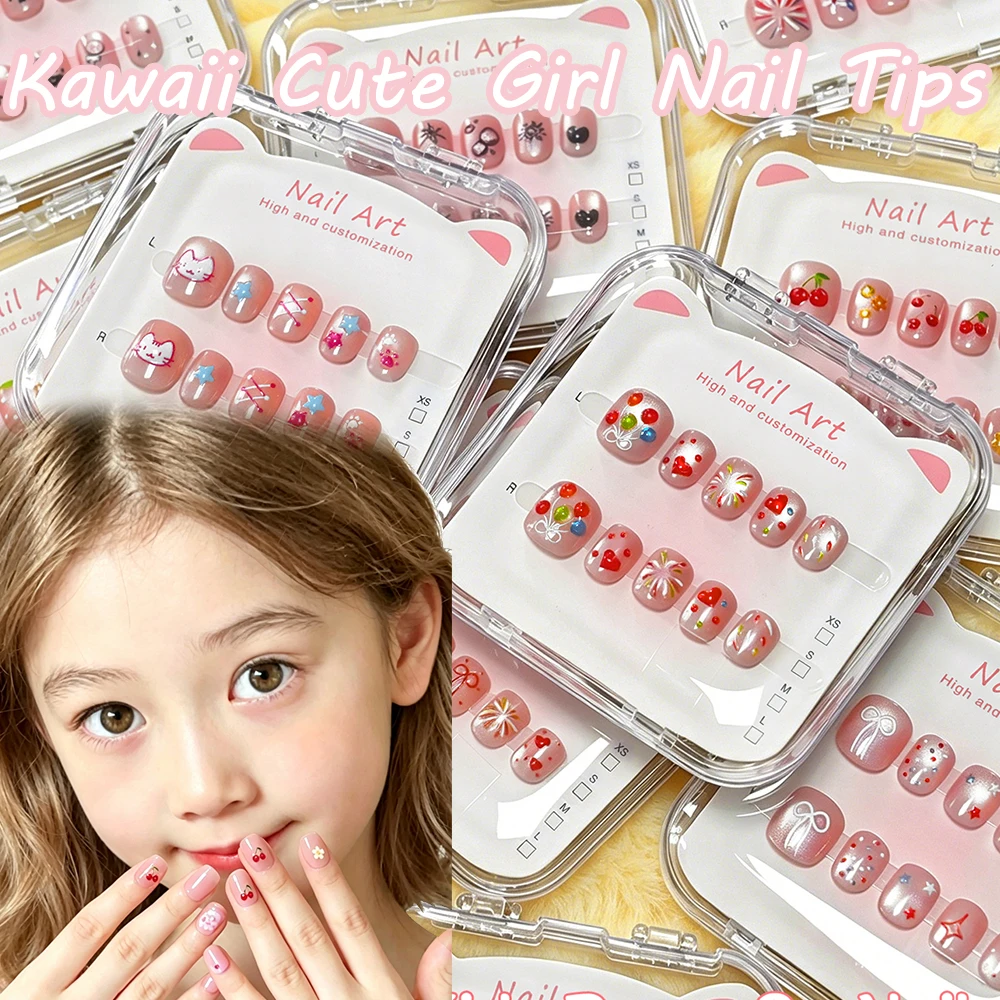 10Pcs Cute Princess Children Cartoon Press On Nails Pink Cat Eyes Pink Short Square Fake Nails With Glue&File Girl Manicure Tip