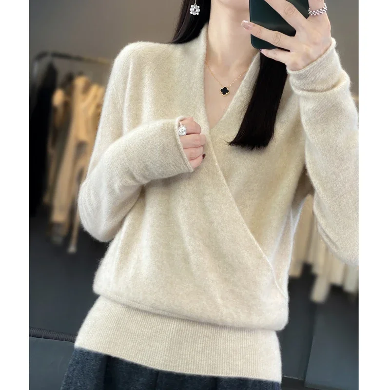 High-end cross V-neck 100% pure wool knitted bottoming shirt loose and slim cashmere sweater top in autumn and winter