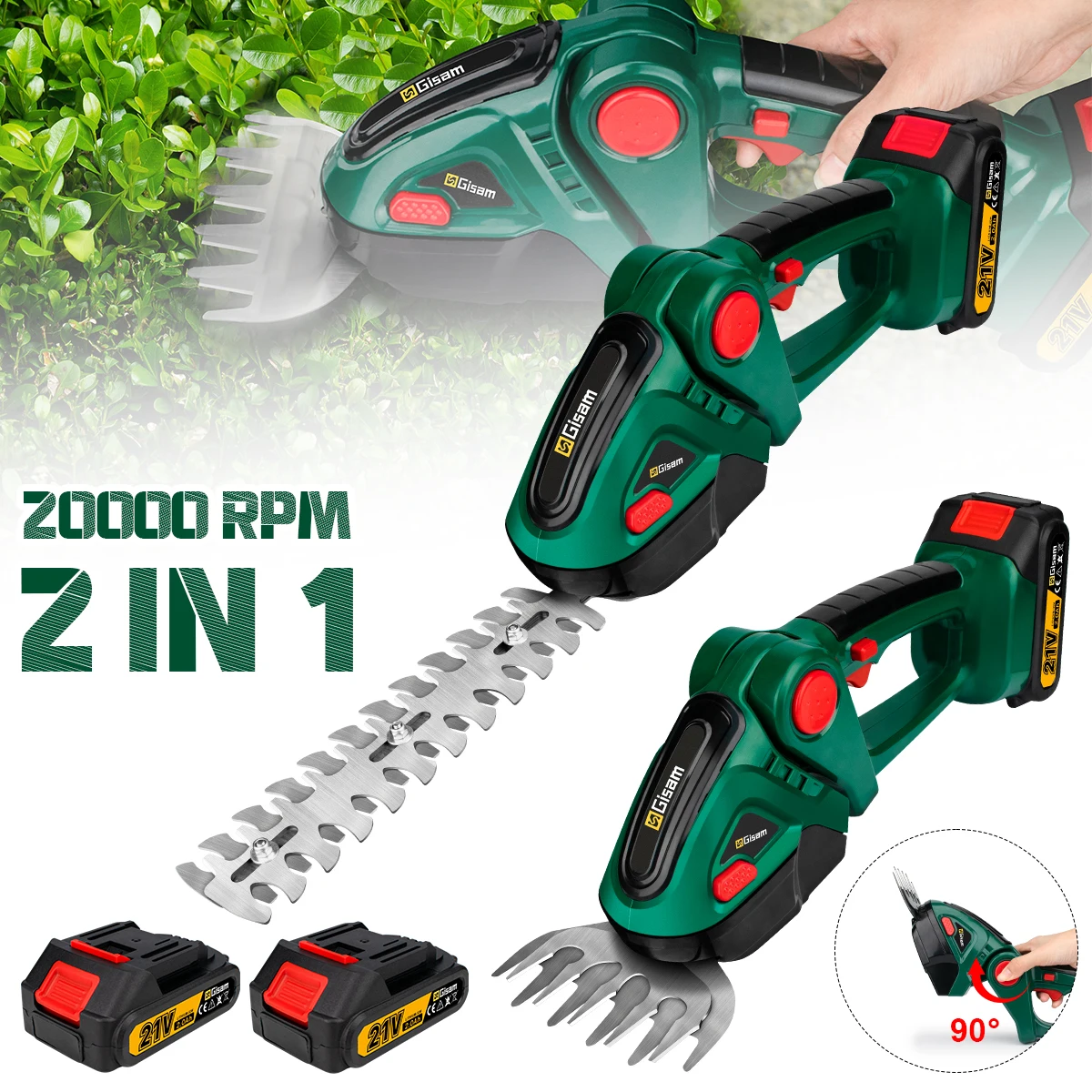 Gismo 2 em 1 aparador de sebes elétrico 20000rpm portátil cortador de grama doméstico tesoura de jardim ferramenta elétrica para makita 18v bateria pino